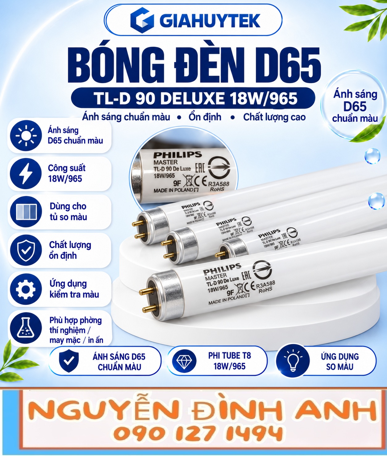 Bóng đèn Philips MASTER TL-D 90 De Luxe 18W/965 T8 chân G13 dùng cho so màu