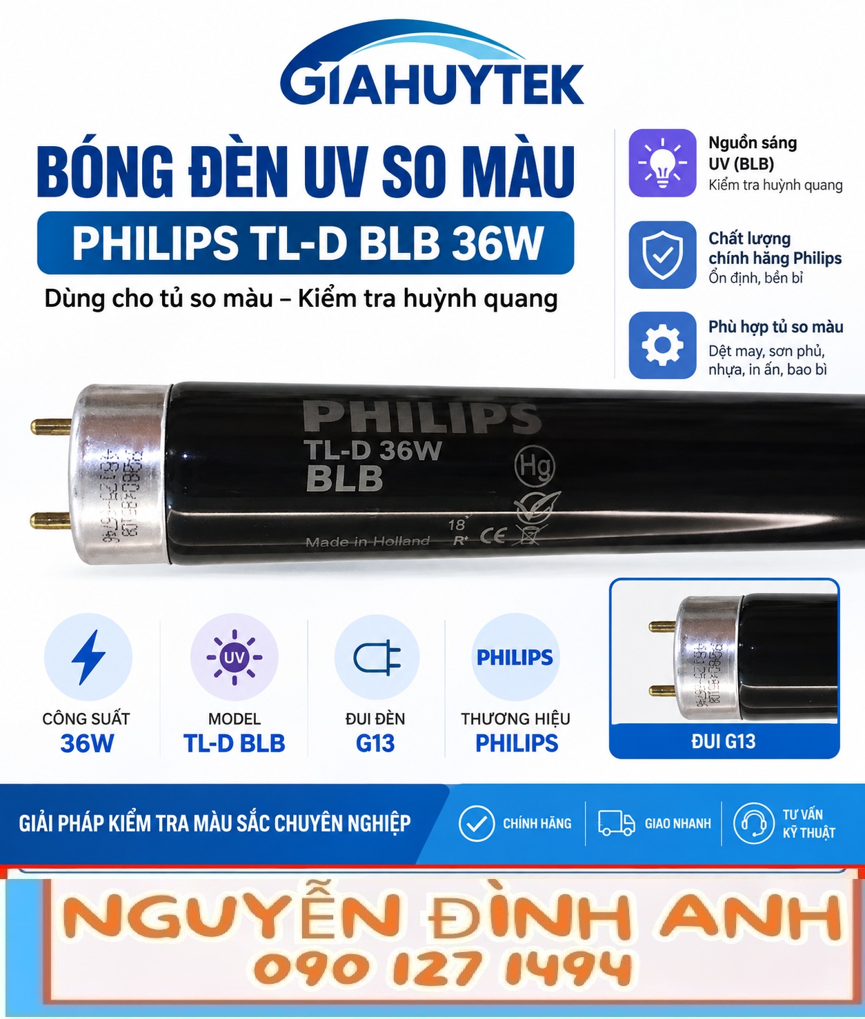 Bóng đèn UV Philips TL-D BLB 36W đui G13 dùng cho tủ so màu 3nh và kiểm tra huỳnh quang